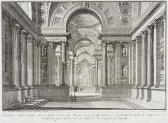 Imaginary ancient temple designed in the style of those built in honor of the Goddess Vesta: in the center is the great altar on which the Vestal Virgins preserved the inextinguishable sacred fire...