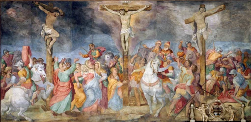 The Crucifixion INRI inscription on the cross. On the sides, representation of the good thief and the bad thief (fresco)