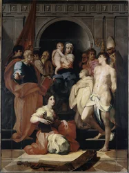 Madonna in throne has the child and saints