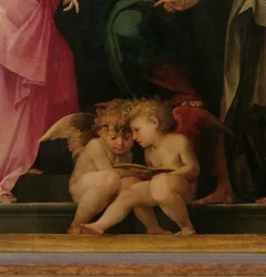 Two cherubs reading (detail from Madonna and Child with Saints)