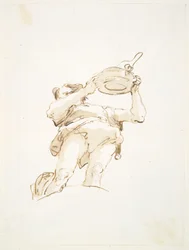 Male figure carrying a tray with fowl, seen from below