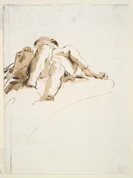 Reclining Male Nude with Right Hand Resting on a Stone Tablet, Seen from Below