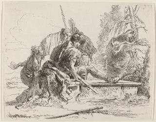 Soldier Seated on a Tomb with Surrounding Figures