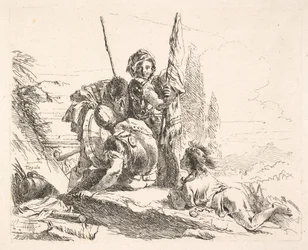 Three soldiers and a youth lying on his abdomen in a landscape, the soldiers bear a...
