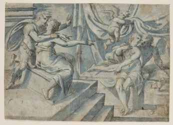 A Loving Couple on a Bed Revealed by a Putto to a Roman Soldier and His Woman