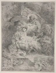 The Nativity with God the Father, the Dove of the Holy Spirit, and Angels (etching)