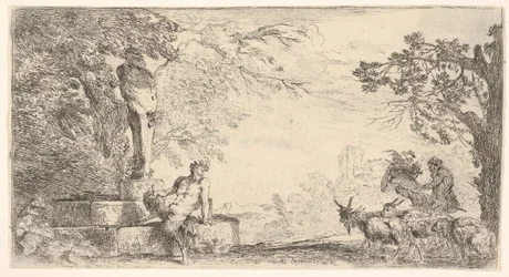 A Satyr Reclining at the Foot of a Statue of Priapus, Goats at the Right
