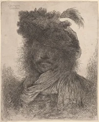 Bearded Man with Shadowed Face, Wearing a Scarf and a Plumed Hat