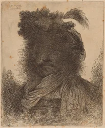 Bearded Man with Shadowed Face, Wearing a Scarf and a Plumed Hat