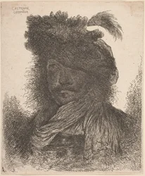 Bearded Man with Shadowed Face, Wearing a Scarf and a Plumed Hat