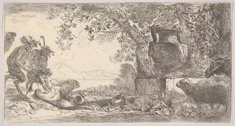 Pan Reclining with Two Standing Satyrs