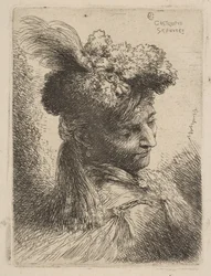 Young Man Facing Three Quarters Right Wearing a Fur Headdress with a Plume, Jewel