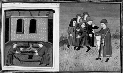 Decameron, Giovanni del Bragoniera and Biagio Pizzini steal the relic from Brother Ciboule; the brother marks the villagers