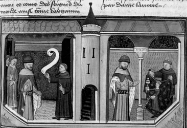 Decameron, Ermino Grimaldi Interrogates Guillaume Borsiere; Guillaume Shows Him the Image of Courtesy. First Day, Story 8