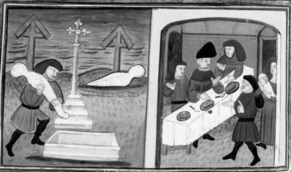 Decameron, Gentile Carisendi saves Catalina from the tomb; the man presents the woman and her son to the guests. Tenth day, story 4