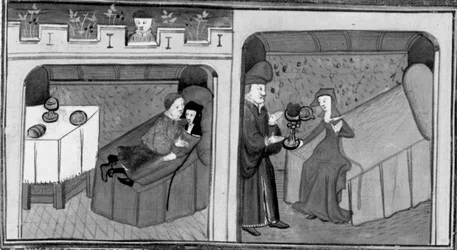 Decameron, Ghismonda sleeps with Guiscardo; Tancredi gives his daughter the heart of her beloved. Fourth day, story 1