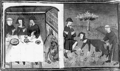 The Decameron, Gianni di Barolo sits at the table with Pietro da Tresanti and his wife; Gianni tries to attach the tail to the woman. Ninth day, tale 10