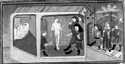 Decameron, Gianni di Procida and Restituta are discovered by King Frederick; Gianni di Procida is condemned to the stake. Fifth day, story 6