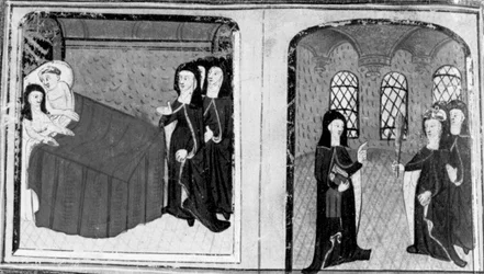 Decameron, Nun Isabelle is surprised in bed with a lover; the abbess scolds Isabelle. Ninth day, story 2