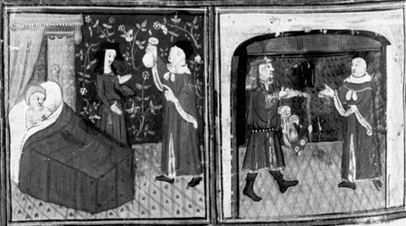 Decameron, Doctor Simone gives the infusion to Calandrino; Calandrino pays the doctor. Ninth day, story 3