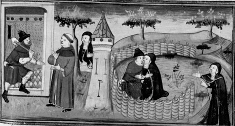 Decameron, Masetto asks the guardian for permission to enter the convent; Masetto kisses a nun. Third day, story 1