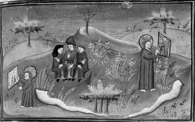 Decameron, Michele Scalza discusses with his friends; God as a child learns to draw; God as an adult shows a completed design. Sixth day, story 6