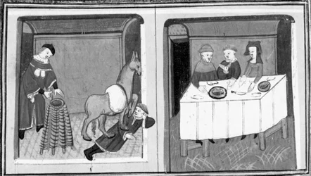Decameron, Pierre de Vinciolo discovers the lover in the stable; Pierre de Vinciolo sits at the table with his wife and her lover. Fifth day, story 10