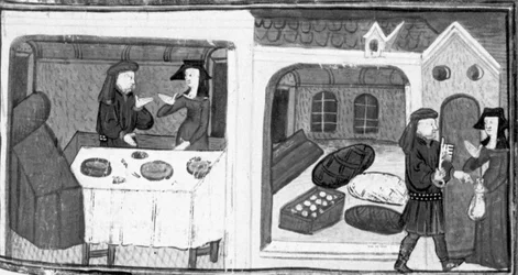 Decameron, Salabaetto sits at the table with Iancofiore; Salabaetto receives the key to the warehouse. Eighth day, story 10