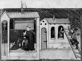 Decameron, A woman goes to church to confess; a young man visits the woman. Third day, story 3
