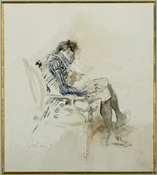 Gentleman Seated in an Armchair Reading a Book and Smoking a Pipe