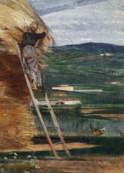 Haystack, a peasant on a ladder