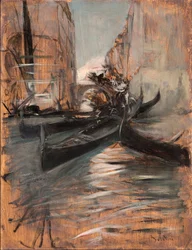 View of a canal in Venice with gondolas