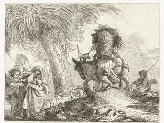 Mary with Child Supported by Angel and Joseph Leading Donkey Past Shepherd with Sheep (Flight into Egypt)