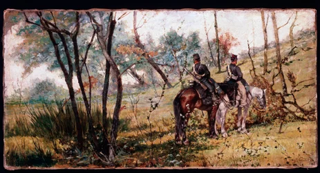 Two Soldiers Riding Under the Trees