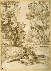 A landscape with two shepherds lads resting, while a satyr and a goat dance