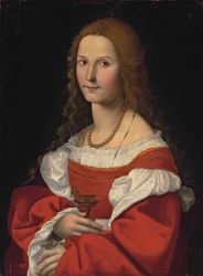 Portrait of a Lady as Mary Magdalene, Half-Length, in a Red Dress and Pearl Necklace