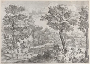 A Group of People Playing Cards at Right and a Man on Horseback at Left