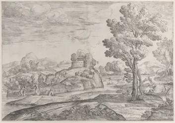 A House Atop a Round Rock at Center, People in the River and in Canoes