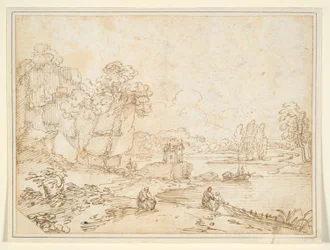 Cliffs at Riverbank with Fishermen