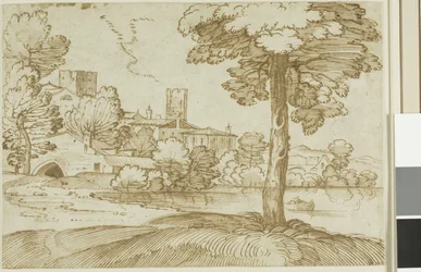 Landscape with a Large Tree on the Right and a Distant View of a Town on the Left