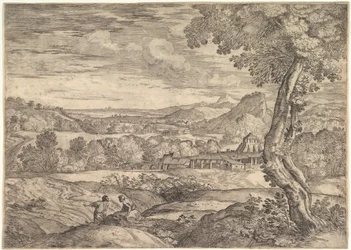 Landscape with a brick factory in the middle ground, a standing man in the foreground, 1626-80