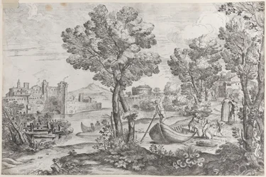 Landscape with a Man Holding a Snake to a Terrified Child, Watched by a Fashionably Dressed Person