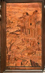 Genoa, Duomo (St Lawrence Cathedral), inside, apse, choir, North side: "Moses rescued from the waters", wood intarsia by Giovanni Francesco Zambelli (XVI century)