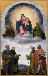 Madonna in Glory with the Christ Child, Two Angels Musicians, St. Peter, St. Dominic, St. Paul and St. Jerome (Pesaro Altarpiece)