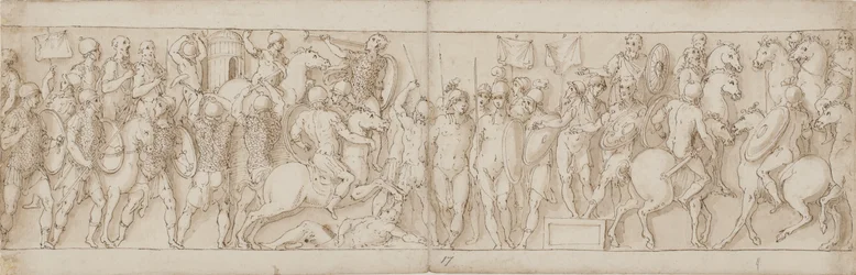 A Sarmatian village is destroyed under the eyes of the emperor; barbarians look on from a stand; Marcus Aurelius receives a mounted German messenger on horseback