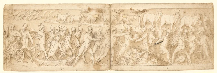 Barbarian Fugitives and Their Animals are Brought Out of Their Hiding-Place; at Upper Left the End of a Cartouche with a Scroll