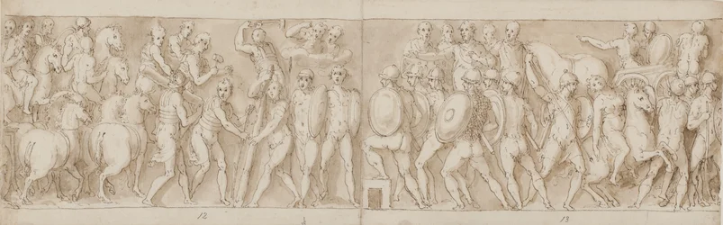 End of a march by the emperor with his legionaries and guards; the Romans building a camp; the Romans on a march with the emperor