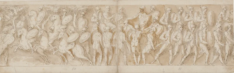 Roman Cavalry; a Severed Head and a German Prisoner are Brought Before the Emperor; Romans Advancing