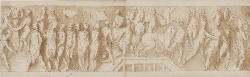 Roman Soldiers Building a Camp (End of LXXXII); An Address (LXXXIII); Romans Crossing a River on a Pontoon Bridge (LXXXIV); Women are Taken Prisoner (Beginning of LXXXV)