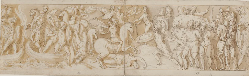 Roman soldiers crossing a river in boats (largely restoration); a fighting Roman soldier; Roman guards bringing barbarian prisoners before the emperor; beginning of a march